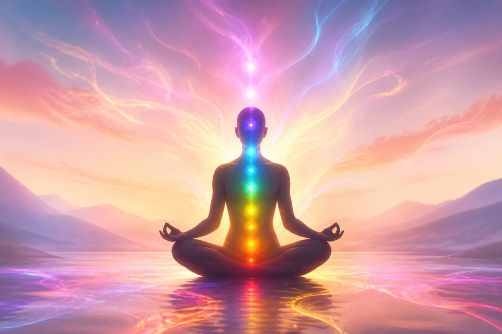 Silhouette méditative avec flux d'énergie colorée symbolisant l'efficacité énergétique et le bien-être émotionnel