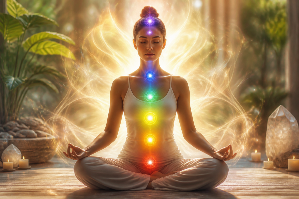 Personne méditant avec les sept chakras illuminés et une aura énergétique Reiki