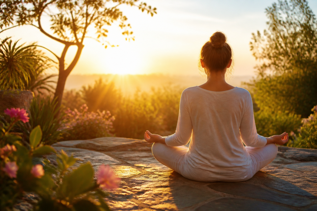 Personne méditant paisiblement dans un jardin au lever du soleil, symbole d'équilibre émotionnel et de sérénité