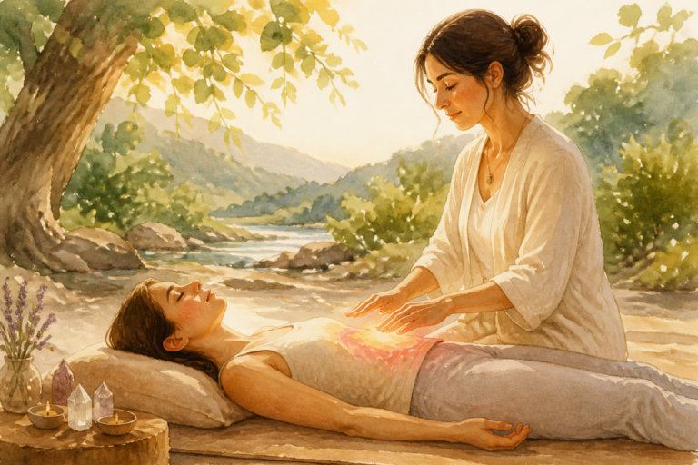 Séance de Reiki avec guérisseur pratiquant un soin énergétique sur une zone inflammée, ambiance relaxante et naturelle