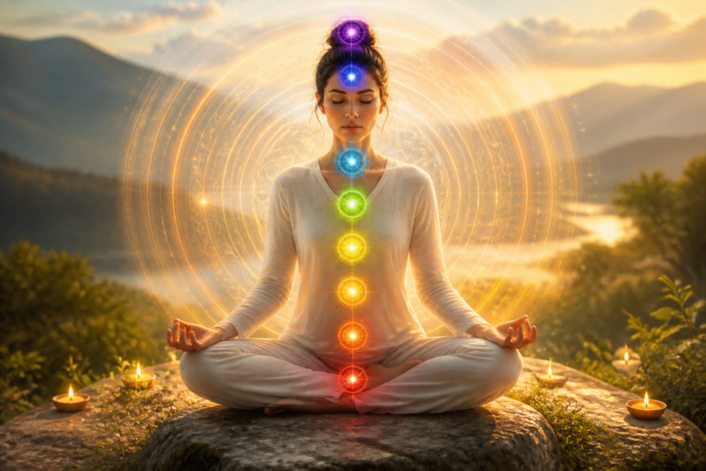 Silhouette méditative entourée de lumières colorées représentant les sept chakras alignés, symbolisant l'ancrage et l'équilibre énergétique