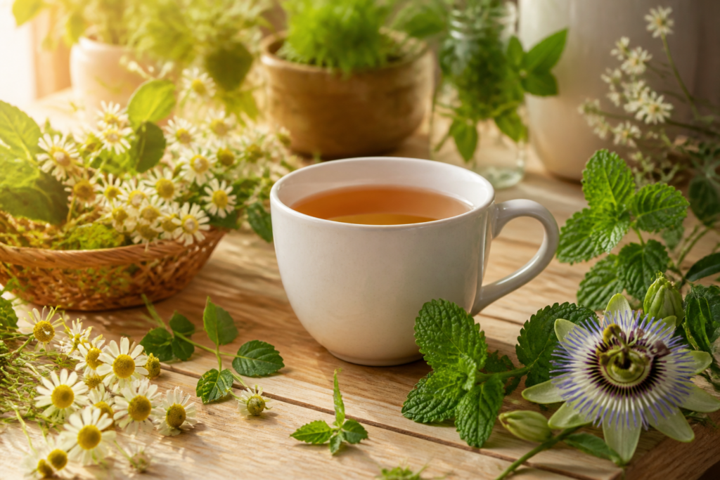 Tisane contre le stress avec plantes médicinales dans une ambiance naturelle et paisible