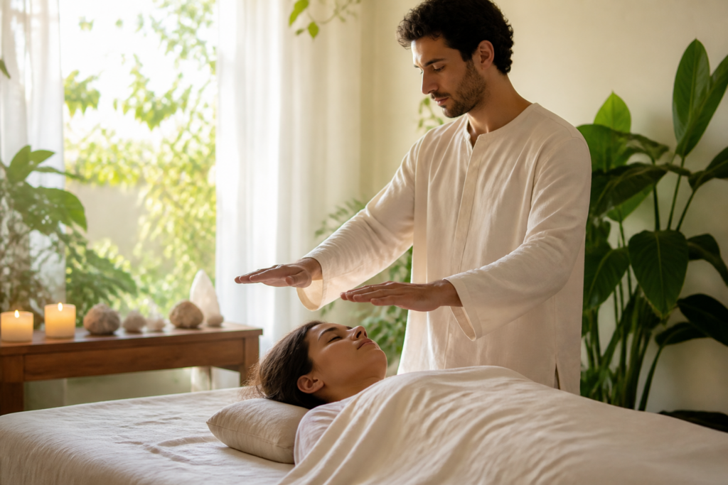 Séance de Reiki avec un praticien posant ses mains au-dessus d'une personne allongée dans un cadre zen et lumineux