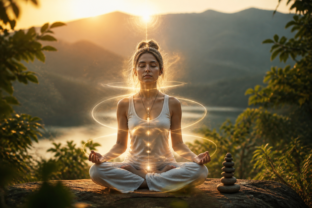 Personne en méditation en pleine nature, symbolisant la libération émotionnelle et l'équilibre par le magnétisme et le yoga.