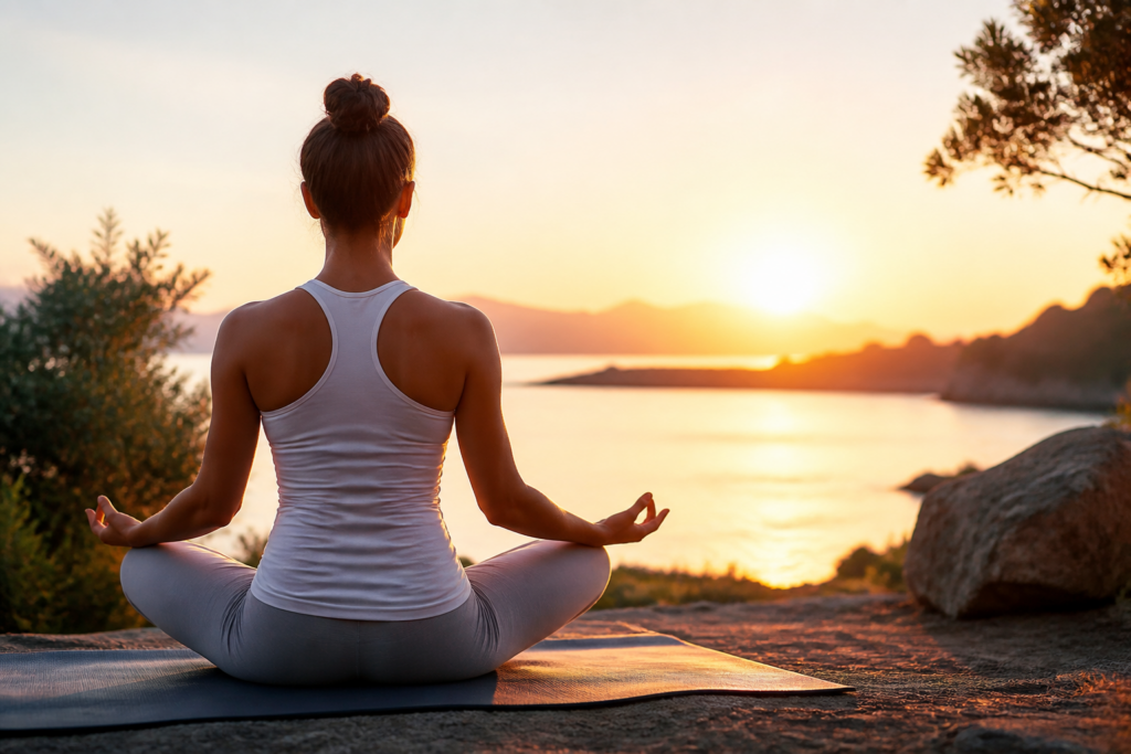 Femme méditant au lever du soleil dans un cadre naturel apaisant représentant l'équilibre émotionnel et la sérénité