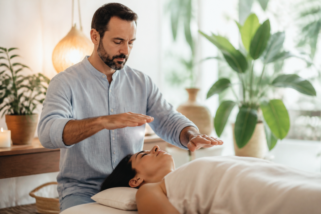 Thérapeute pratiquant une manipulation ostéopathique douce dans un environnement naturel et apaisant