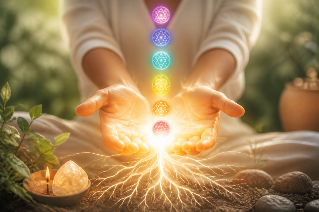 Mains ouvertes irradiant une énergie lumineuse avec symboles de chakras colorés et racines d'ancrage en arrière-plan