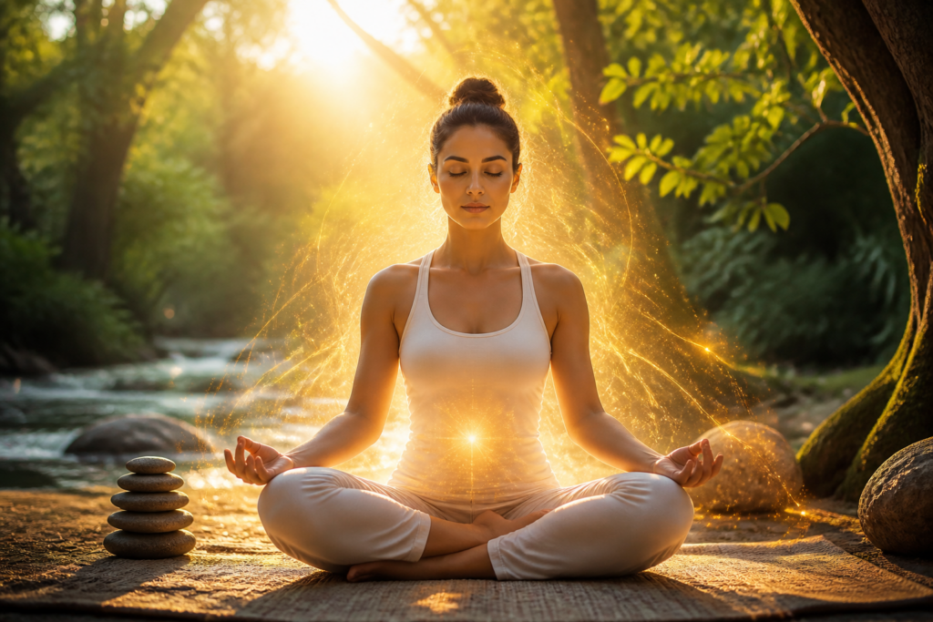 Personne méditant dans la nature avec aura lumineuse illustrant la circulation de l'énergie vitale