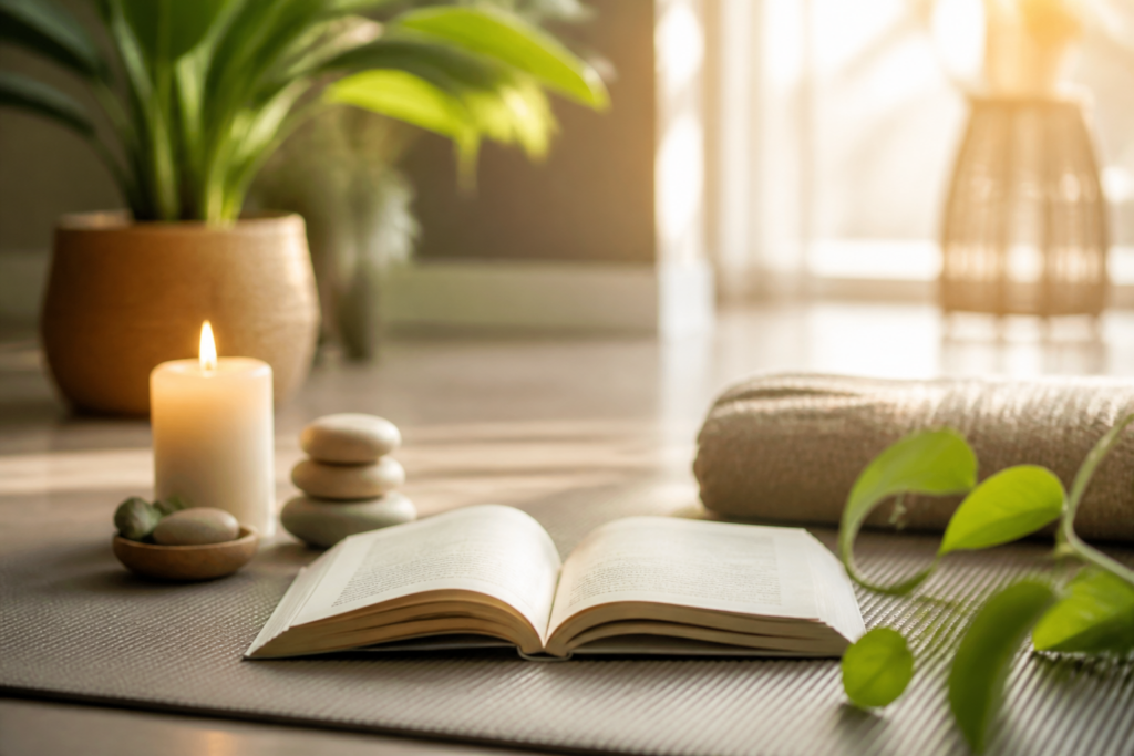 Livre ouvert sur tapis de yoga avec éléments zen symbolisant le lâcher prise et le bien-être