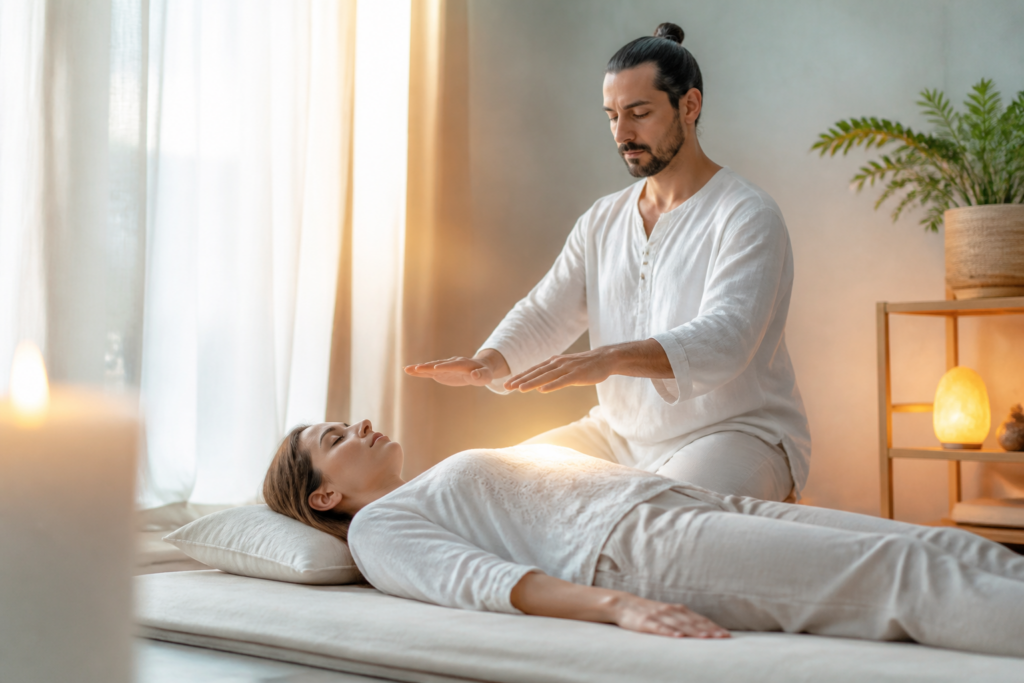 Séance de Reiki énergétique avec un praticien posant les mains au-dessus du corps dans un environnement calme et apaisant