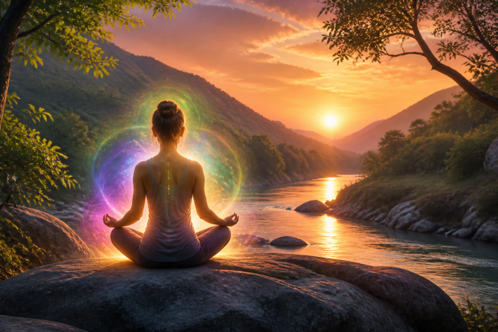 Personne en posture de méditation au coucher de soleil avec une aura lumineuse symbolisant l'équilibre émotionnel
