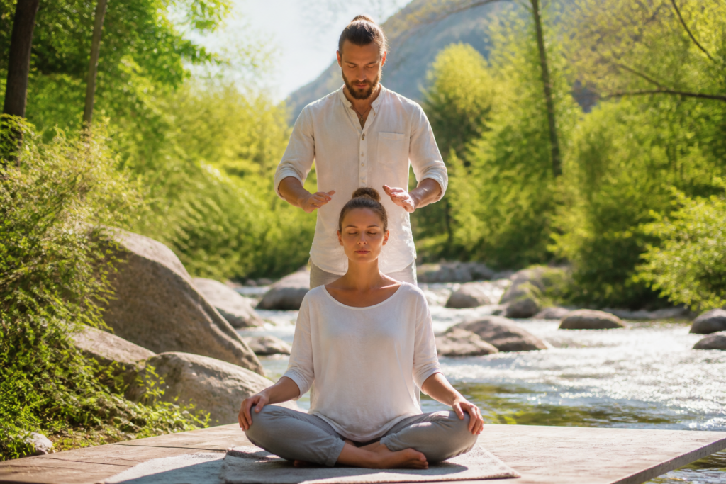 Magnétiseur pratiquant le magnétisme émotionnel sur une personne en posture de yoga en pleine nature