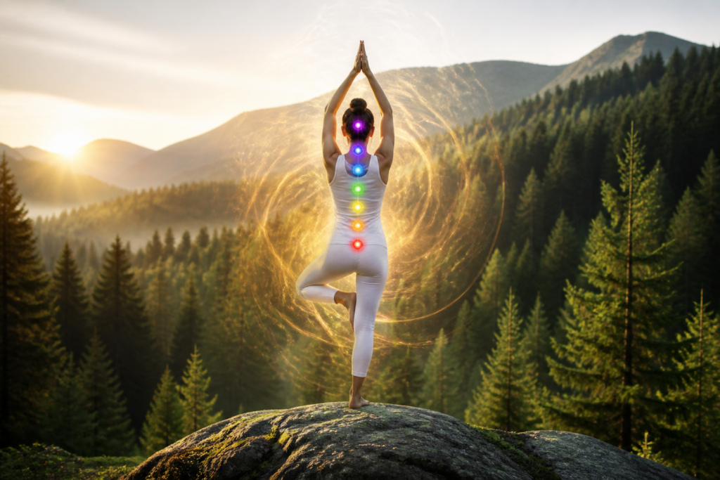 Personne pratiquant le yoga en plein air avec des chakras lumineux illustrant l'énergie équilibrée et l'ancrage