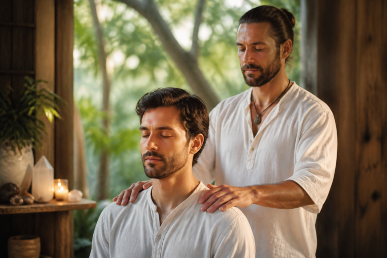 Séance de Reiki avec des mains posées sur les épaules d'une personne, ambiance apaisante et lumineuse