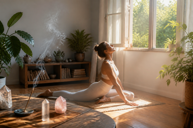 Intérieur d'une maison lumineuse avec plantes et encens pour un nettoyage énergétique favorisant le bien-être émotionnel.