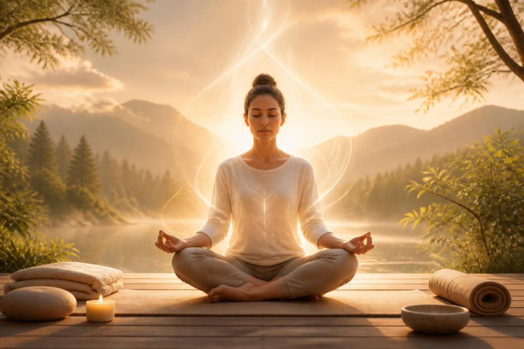 Personne en méditation avec aura lumineuse symbolisant l'apport énergétique et le bien-être émotionnel