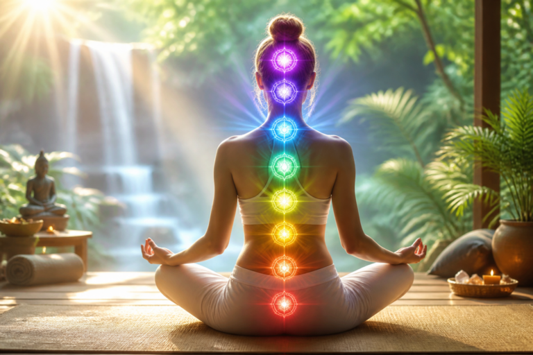 Personne en méditation avec visualisation des sept chakras alignés et rayonnants, ambiance sereine