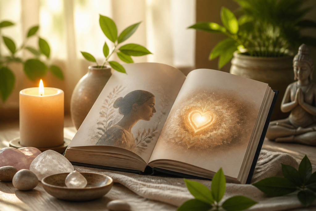 Livre ouvert sur les émotions avec des éléments naturels pour illustrer le bien-être émotionnel