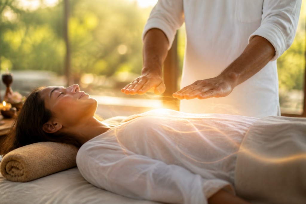 Personne recevant une séance de Reiki dans un cadre paisible avec des mains émettant une lumière douce