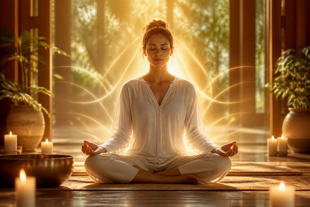 Silhouette en méditation avec lumière apaisante représentant la confiance en soi et l'équilibre émotionnel