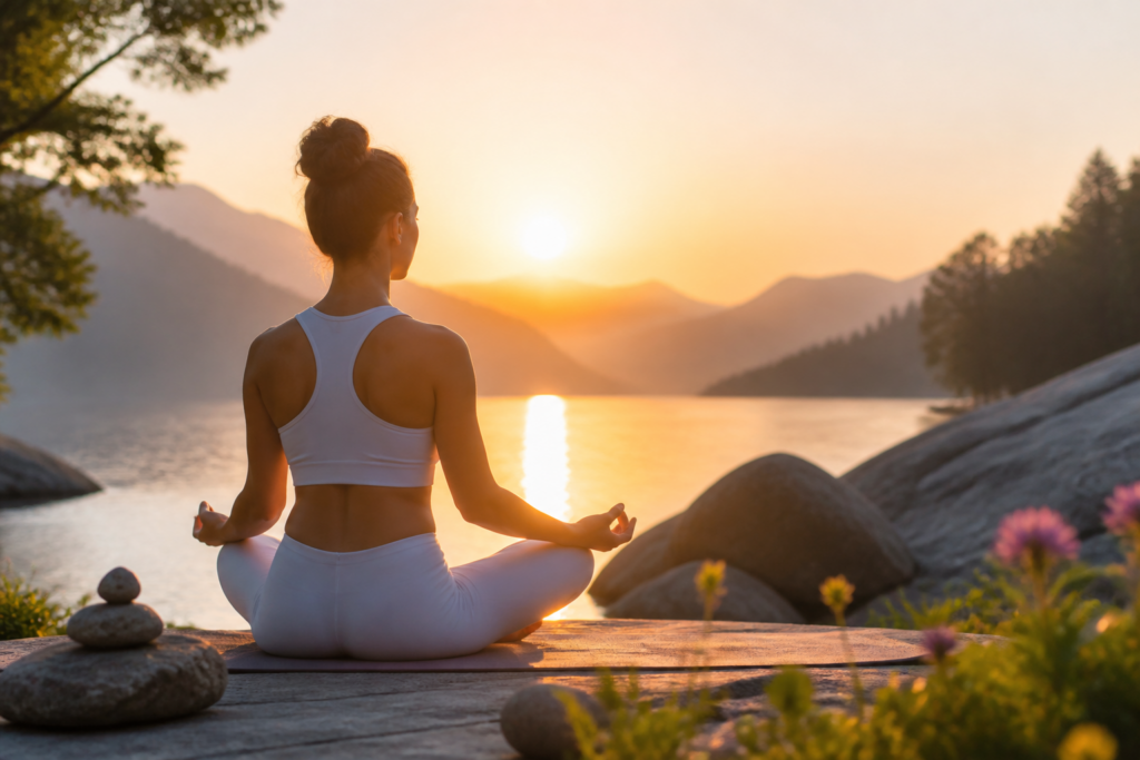 Personne en position de méditation au lever du soleil dans la nature, symbolisant le lâcher prise et l'équilibre émotionnel