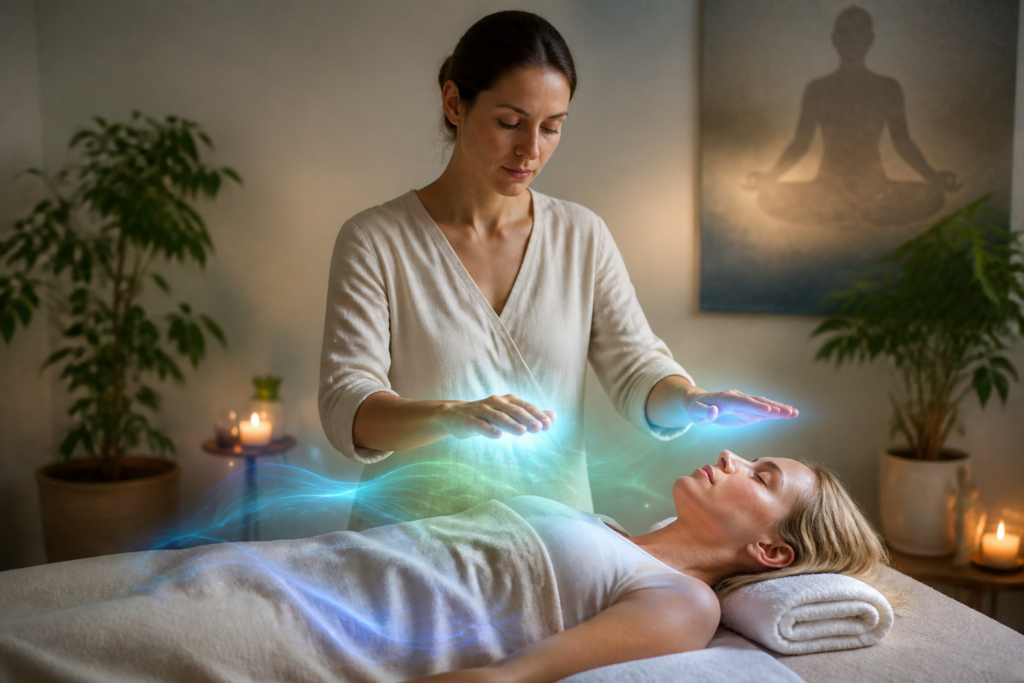 Séance de magnétisme émotionnel avec une énergéticienne, énergie harmonieuse autour d’une femme apaisée