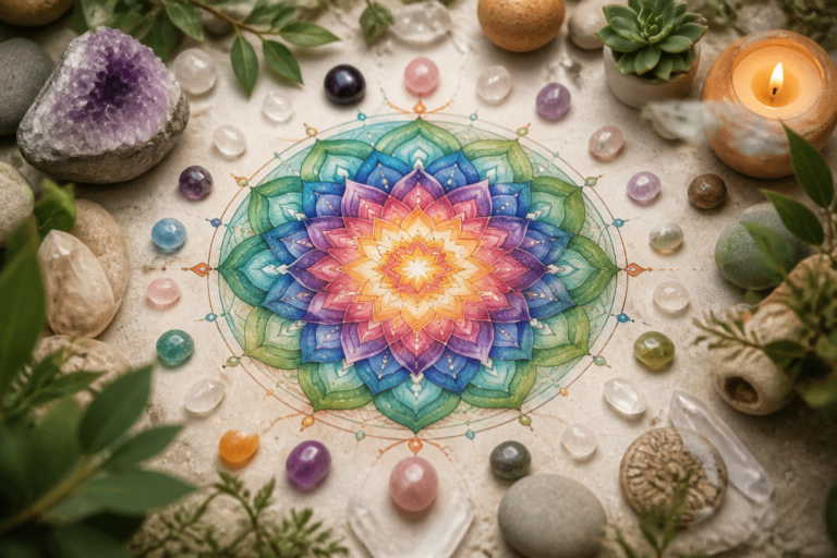 Mandala énergétique coloré entouré d'éléments naturels évoquant le bien-être émotionnel