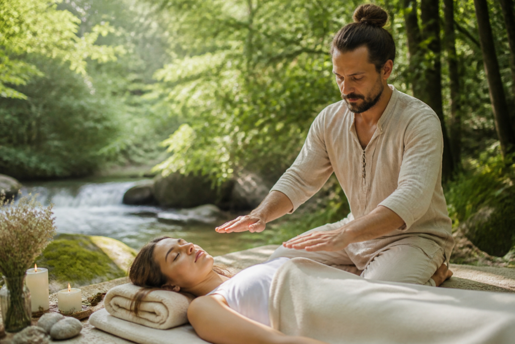 Séance de massage Reiki avec un praticien posant ses mains au-dessus des épaules d'une personne allongée dans un environnement calme et naturel