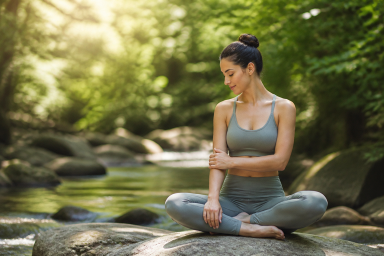 Personne méditant paisiblement en pleine nature, symbolisant l'équilibre émotionnel et l'apaisement de la peau hypersensible