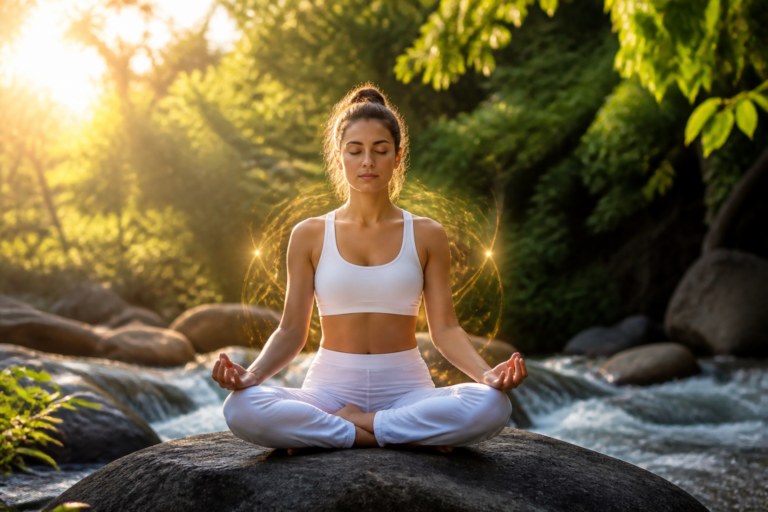 Personne méditant calmement dans la nature, illustrant la détente et l'équilibre émotionnel grâce au magnétisme émotionnel et au yoga.