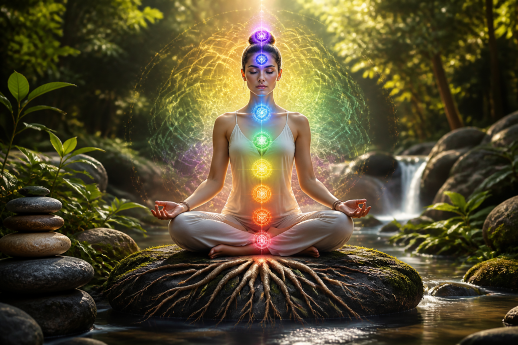 Silhouette méditant avec chakras alignés, racines d'ancrage et halo énergétique coloré symbolisant la protection énergétique