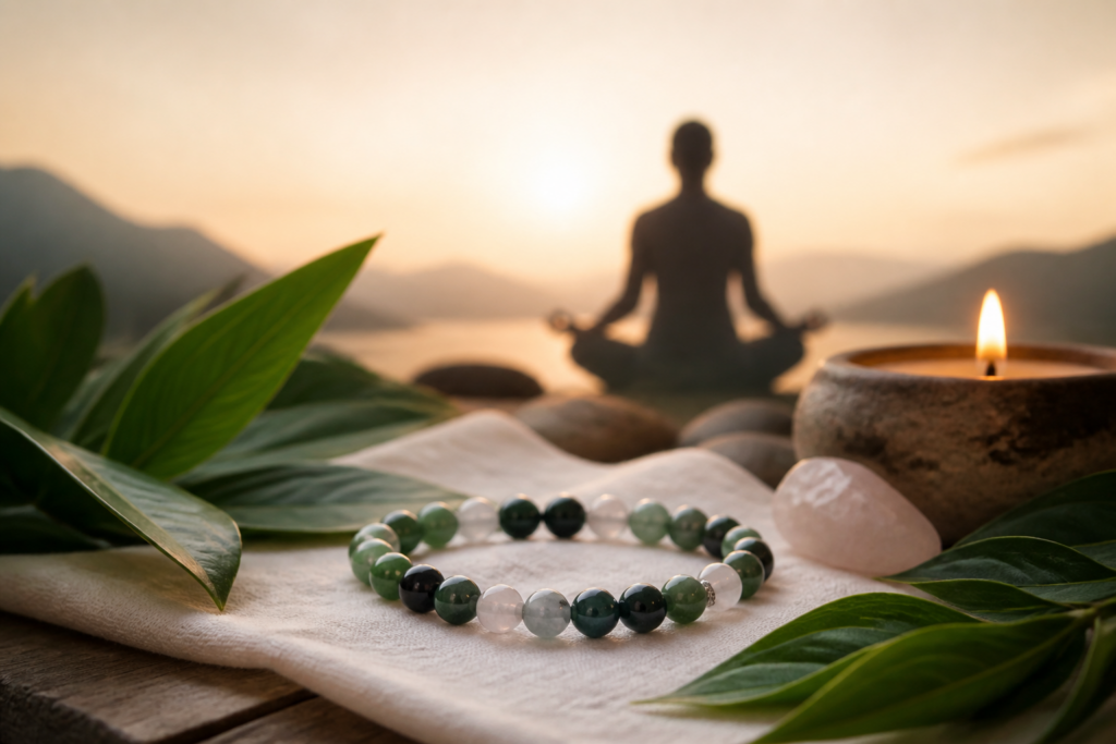 Bracelet anti stress en pierres naturelles posé près d'une bougie et de feuilles, symbolisant le bien-être et l'équilibre émotionnel